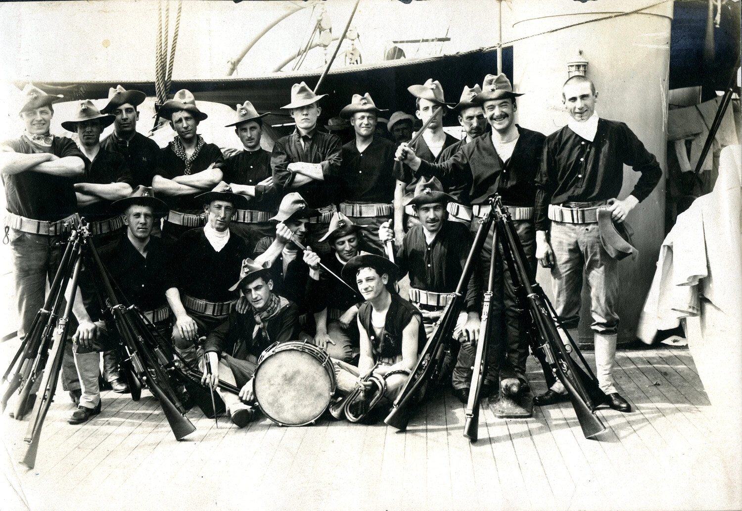 Armed Naval Landing Party with Stacked Rifles and Field Drum, Shipboard, c. 1900s