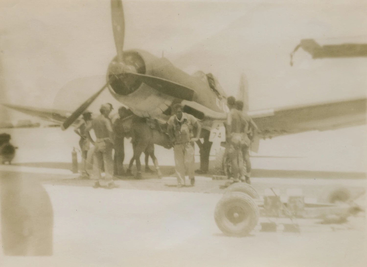 Ground Crew and Animal Handler Beside Carrier Dive Bomber Nose, Pacific Theater, WWII
