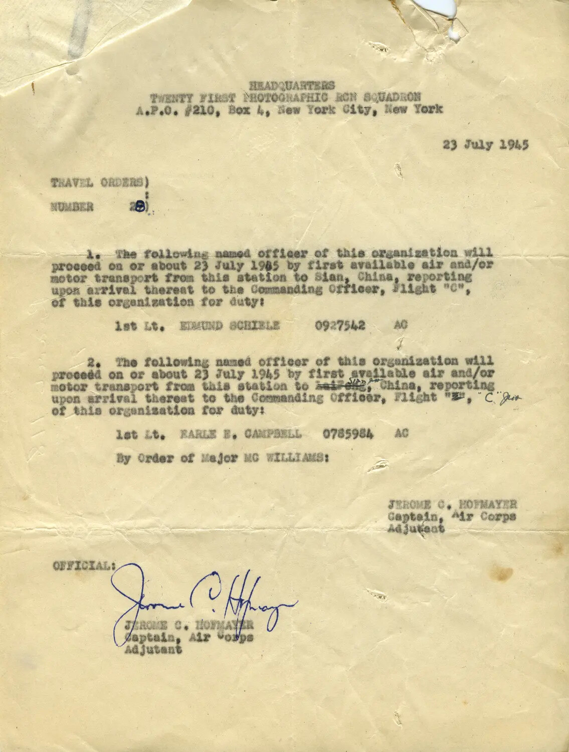 Travel Orders, Headquarters Twenty-First Photographic Reconnaissance Squadron, 23 July 1945