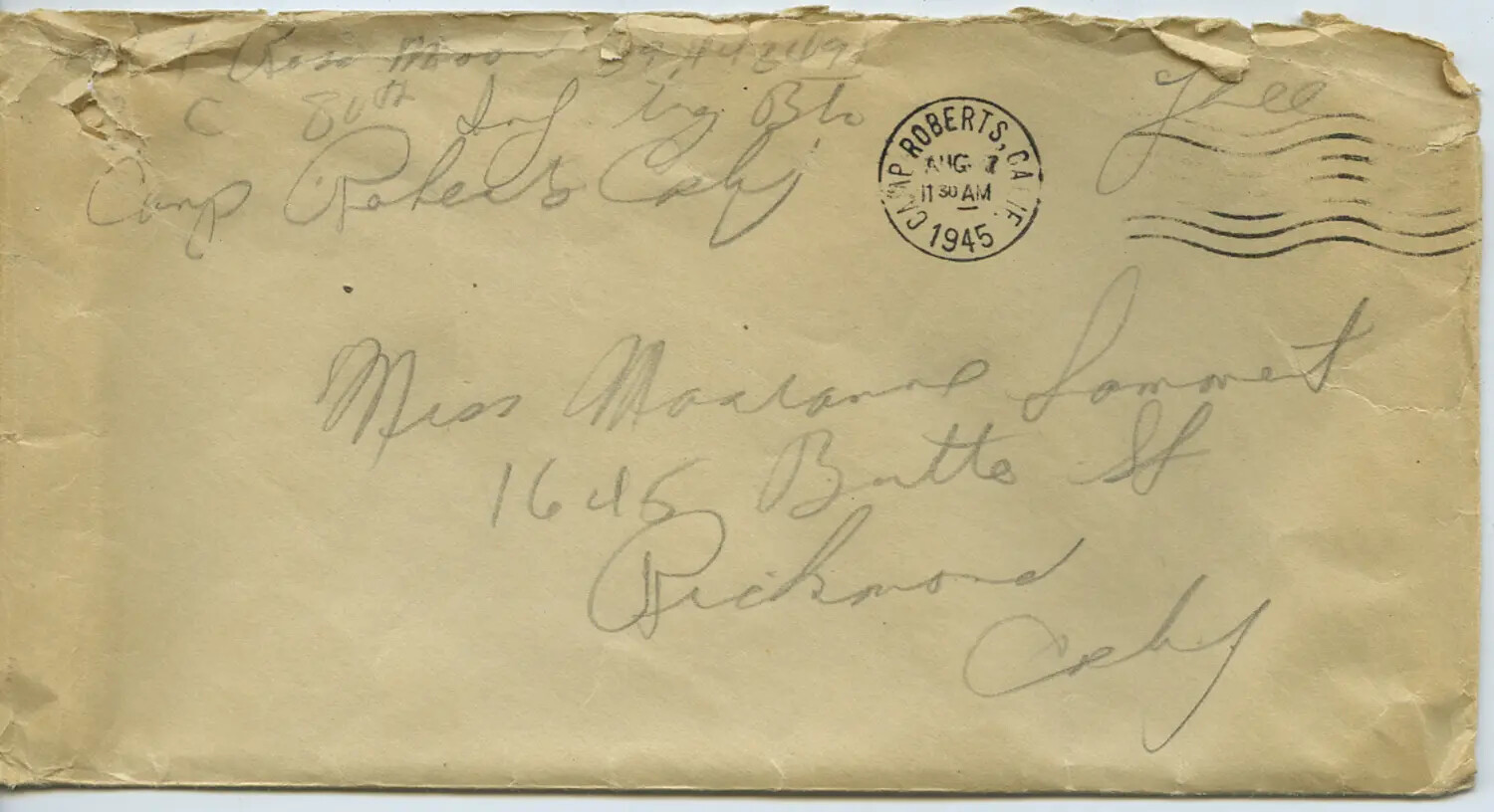 WWII Military Mail Envelope, Camp Roberts, California, August 1945 (Moon/Sammiet Collection)