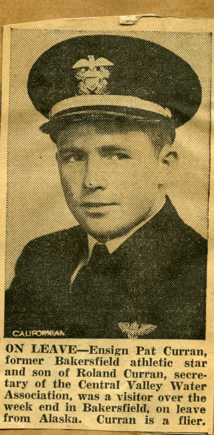 Newspaper Clipping: 'On Leave — Ensign Pat Curran,' The Californian, WWII Era