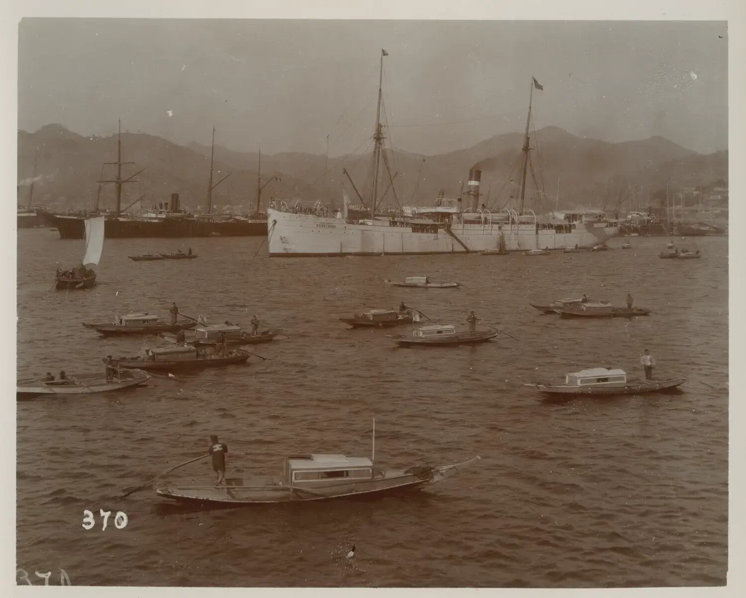 Steamship and Sampans in Harbor, Likely Nagasaki, Japan, c. 1890s