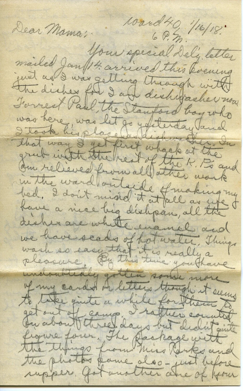 WWI Letter, "Dear Mama" – Ward 40, January 16, 1918 (Willis W. Wagener Collection)