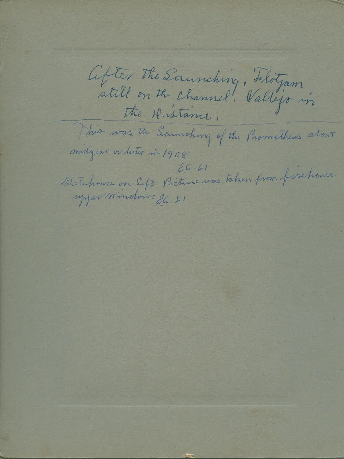 Handwritten Album Annotation Page Describing Post-Launching Scene and Gatehouse Photograph, Vallejo/Mare Island, 1908