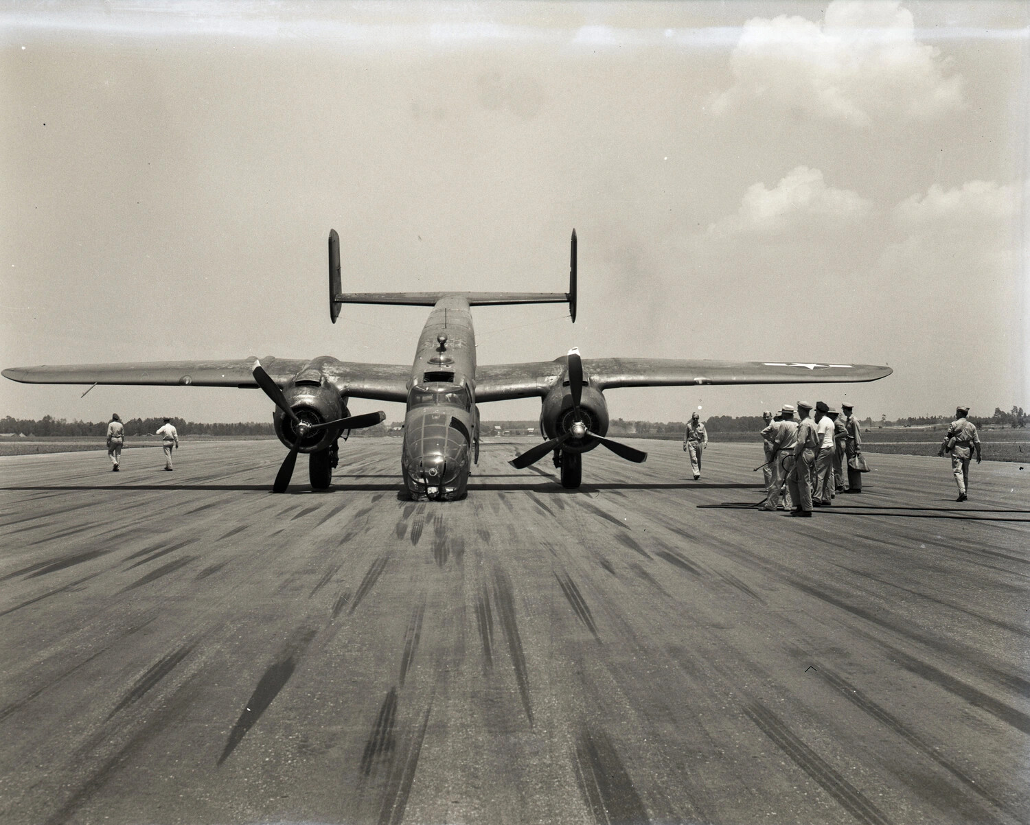 Head-On View of Twin-Engine Medium Bomber on Runway, CBI Theater Collection