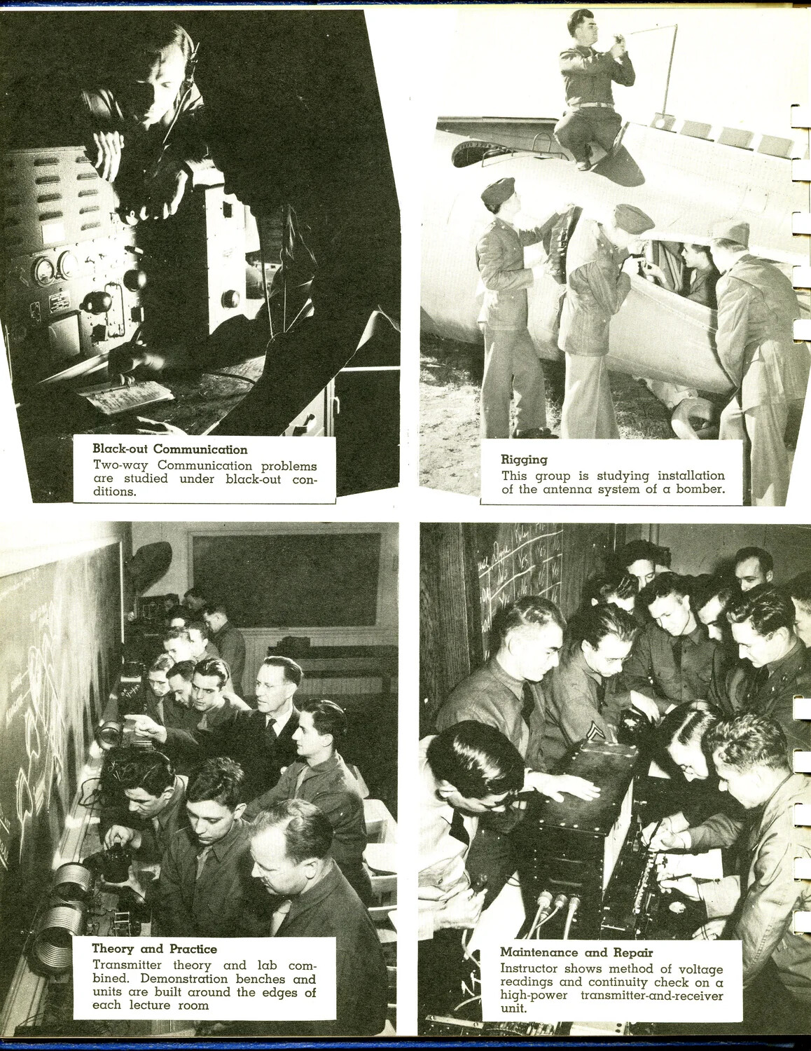Scott Field Radio Training Yearbook Page: Black-out Communication, Rigging, Theory and Practice, Maintenance and Repair