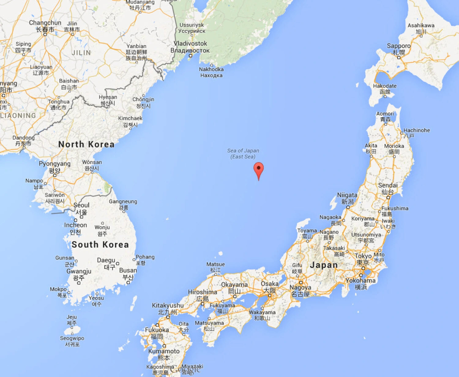 Google Maps Screenshot - Location Pin in the Sea of Japan, Near Korean Peninsula and Japan (Reference Image, Bancroft Collection)