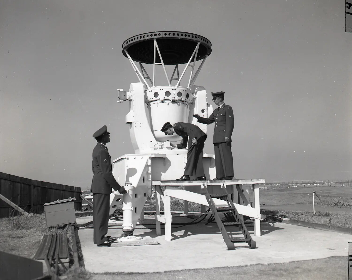 Servicemen Inspecting Nike Missile Tracking Radar Antenna, Army National Guard Air Defense Site