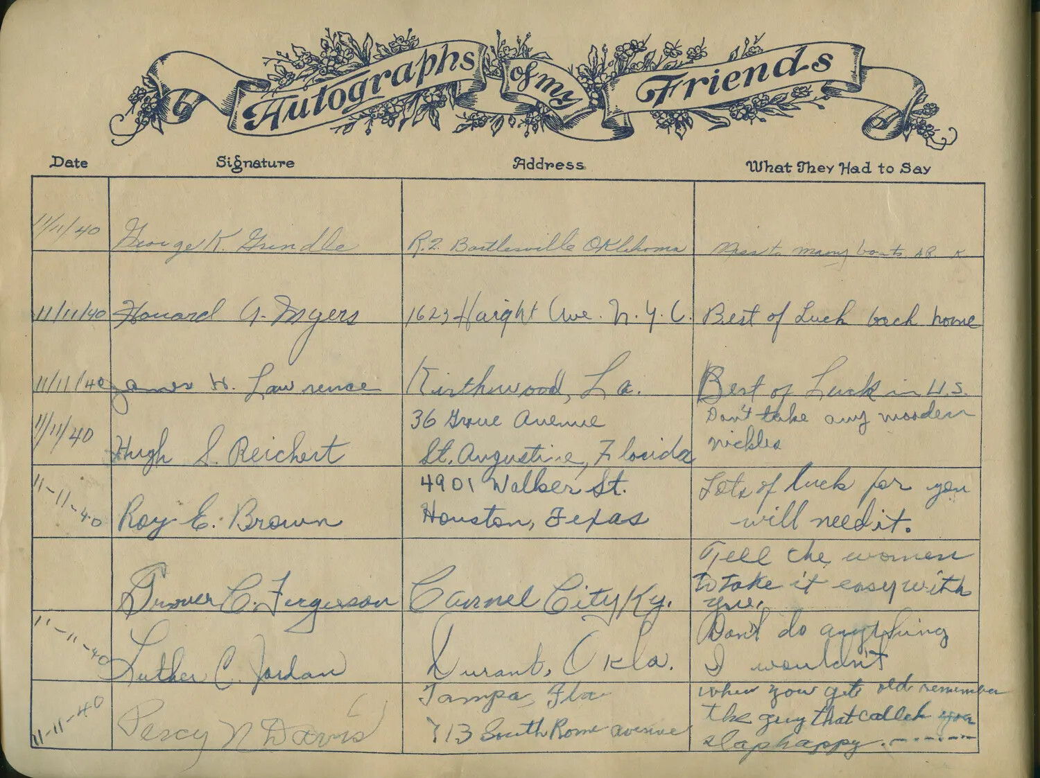 "Autographs of My Friends" Book Page, Signed November 11, 1940