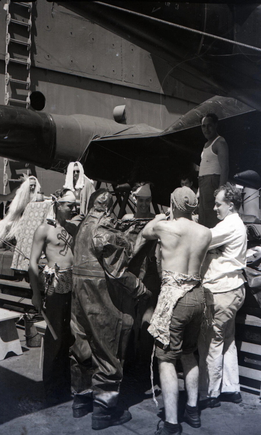 US Navy 'Crossing the Line' Equator Ceremony Aboard Ship with Floatplane, WWII