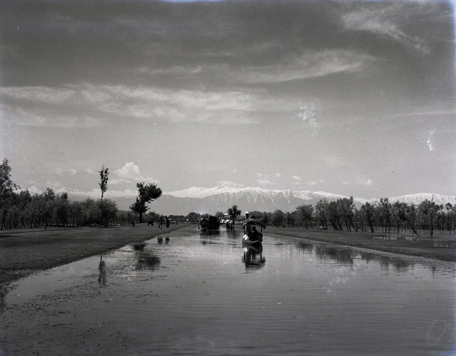 Canal Scene with Boats and Himalayan Backdrop, Kashmir, India, WWII CBI Theater Collection 1944-45