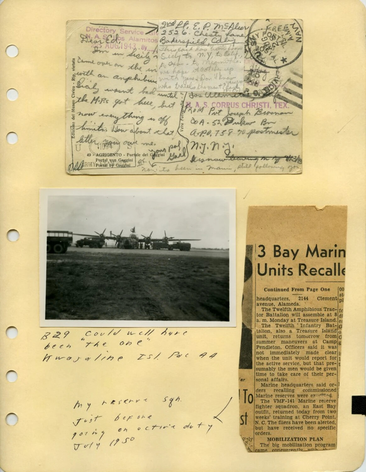 McAleer Family Scrapbook Page – WWII Correspondence, B-29 Photograph, and 1950 Korean War Mobilization Clipping