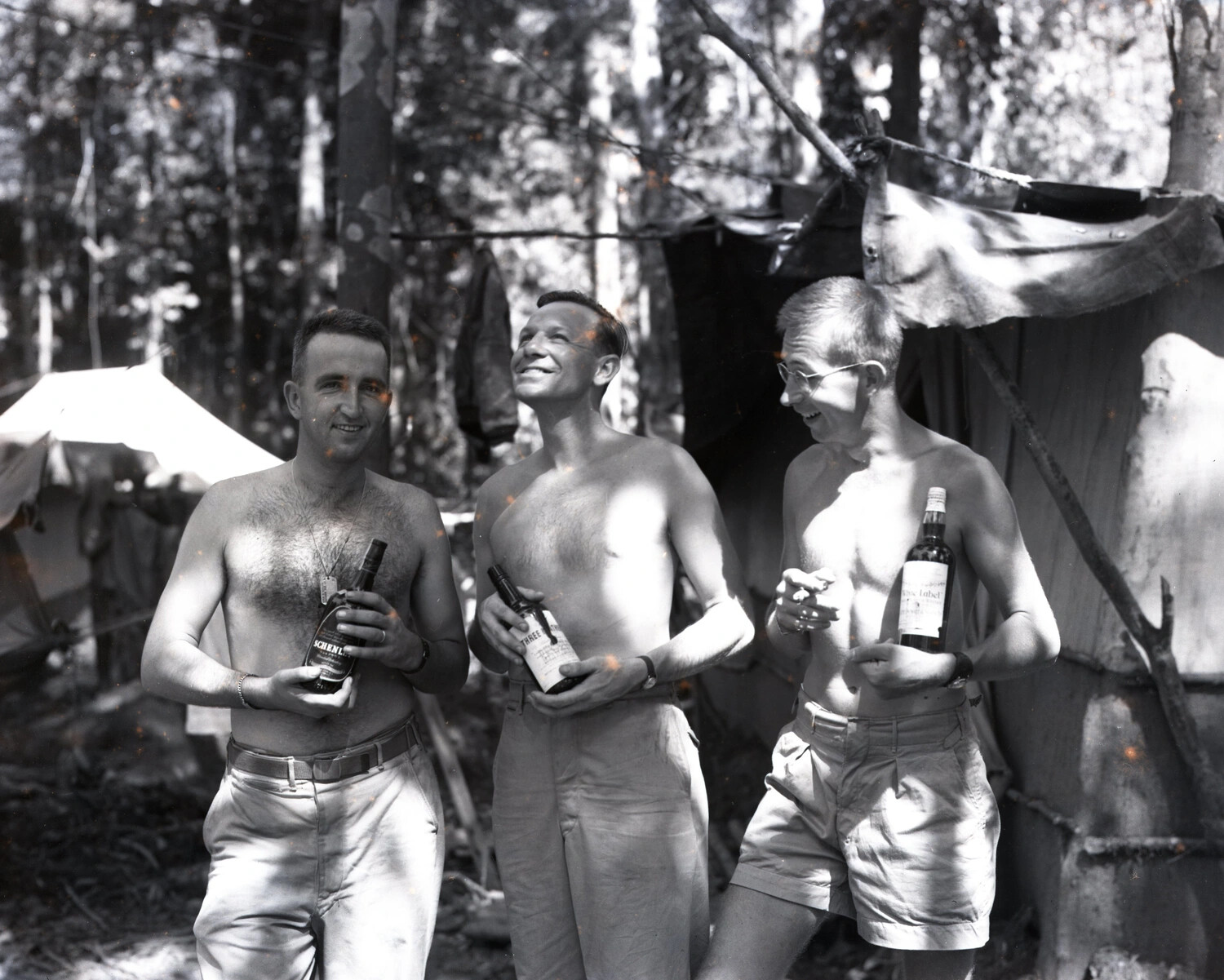 Off-Duty GIs with Liquor Bottles, CBI Theater Jungle Camp, WWII