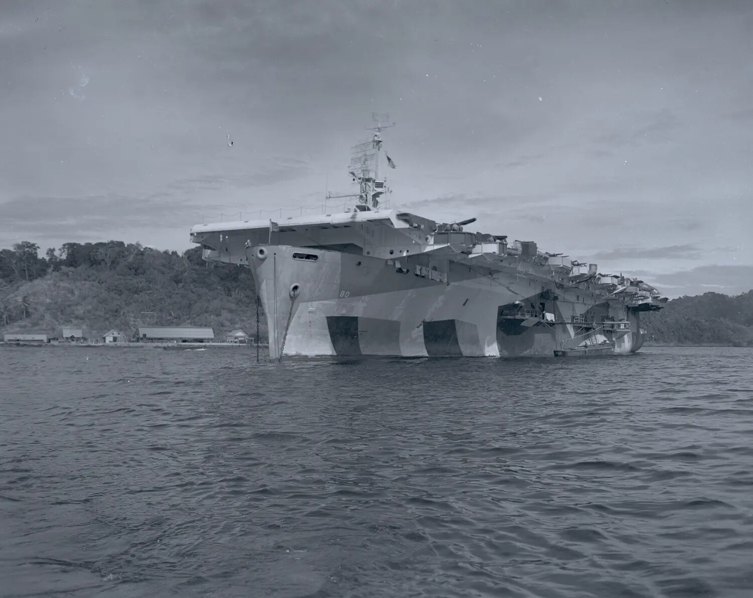 USS Petrof Bay (CVE-80) at Anchor, Bow View, Pacific Theater, World War II