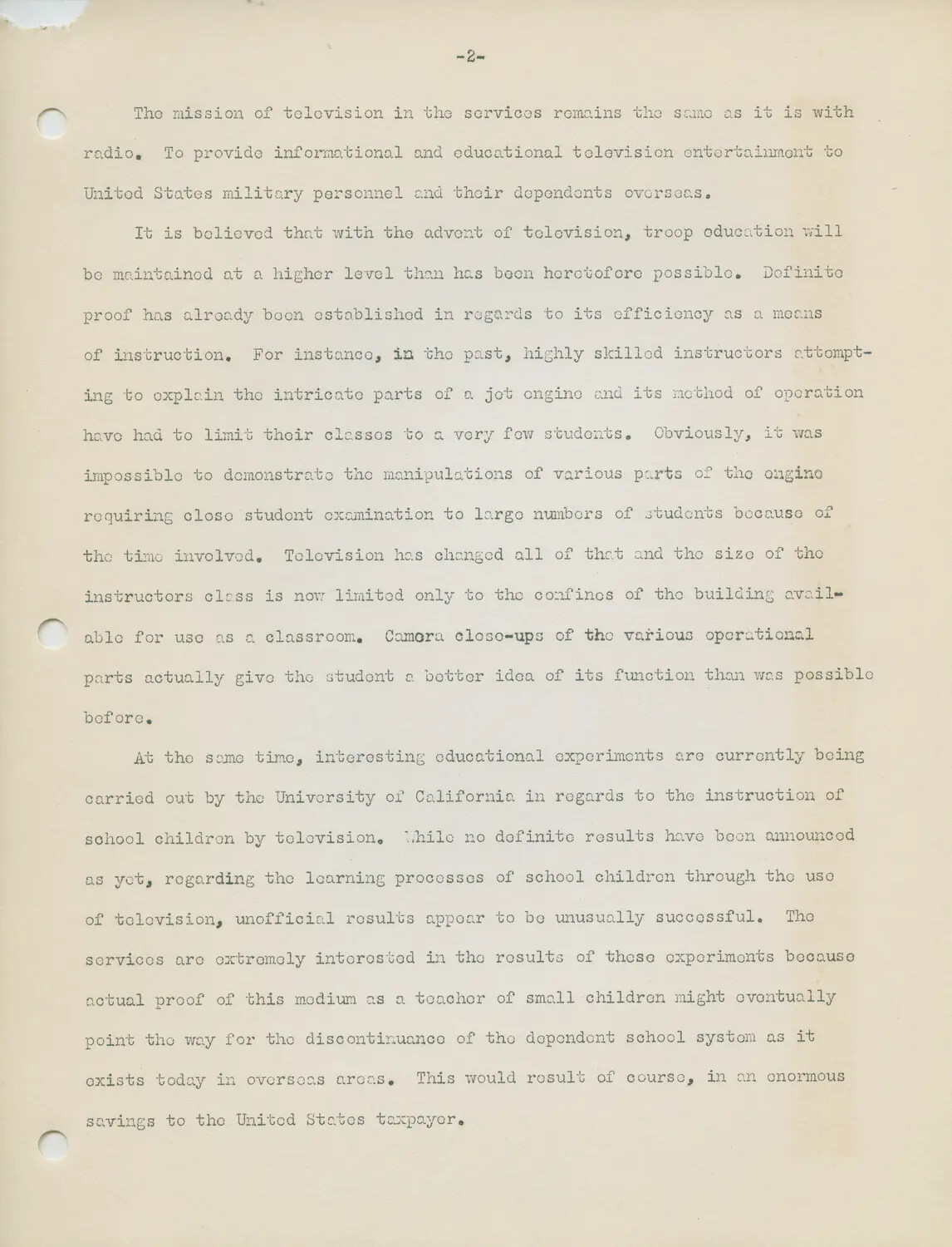 Typewritten Report Page 2 — Mission and Educational Value of Armed Forces Television Service