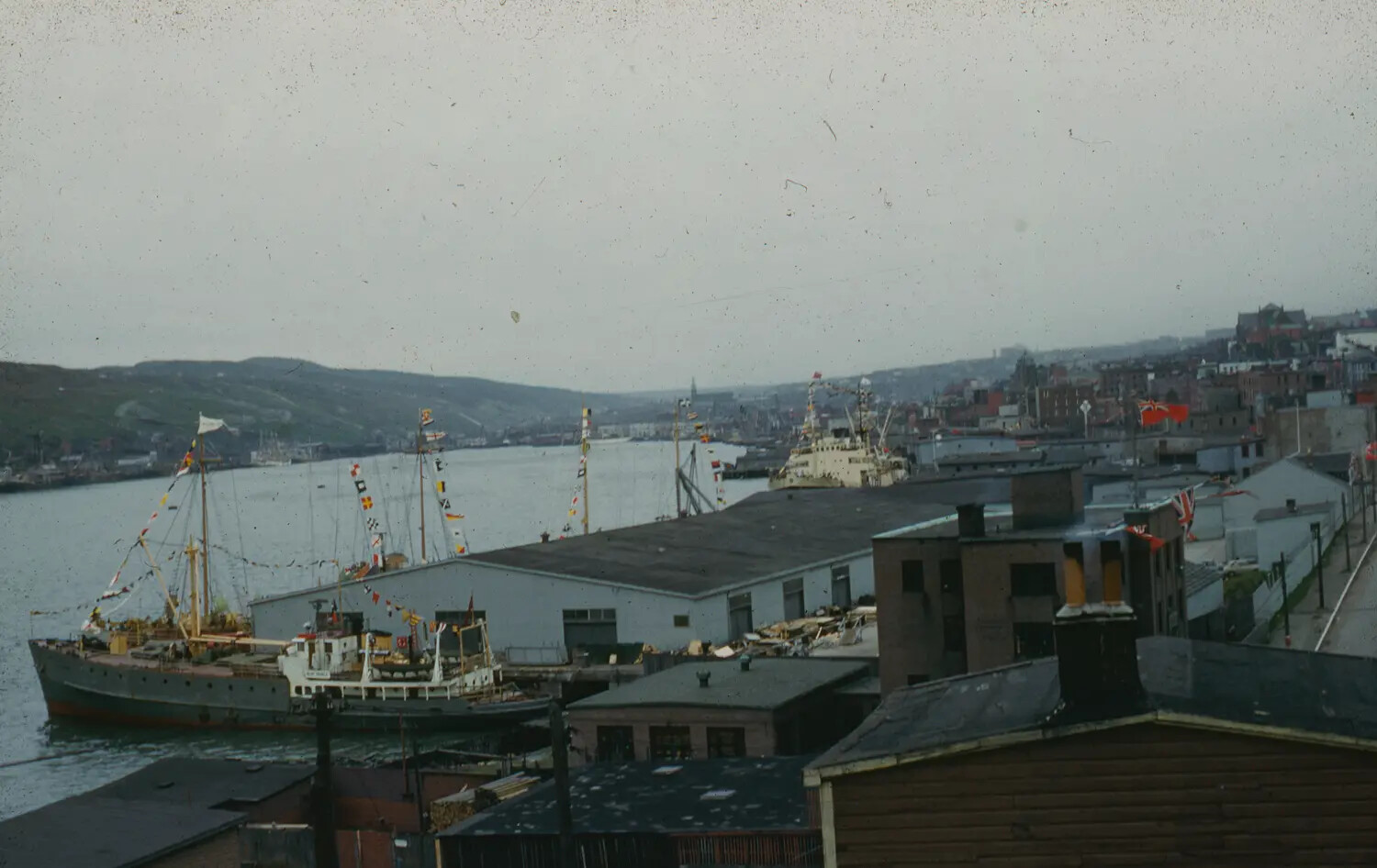 North Atlantic Harbor Town View with Dressed Ship, Thule AFB Greenland Transit Collection, 1950s