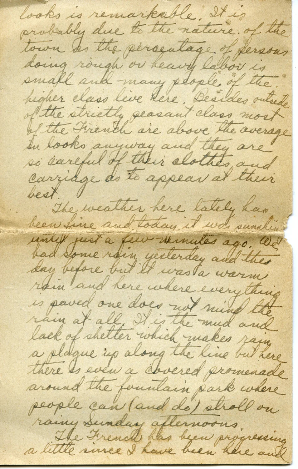 Handwritten WWI Letter Page from Pvt. Willis W. Wagener, Describing French Town Life