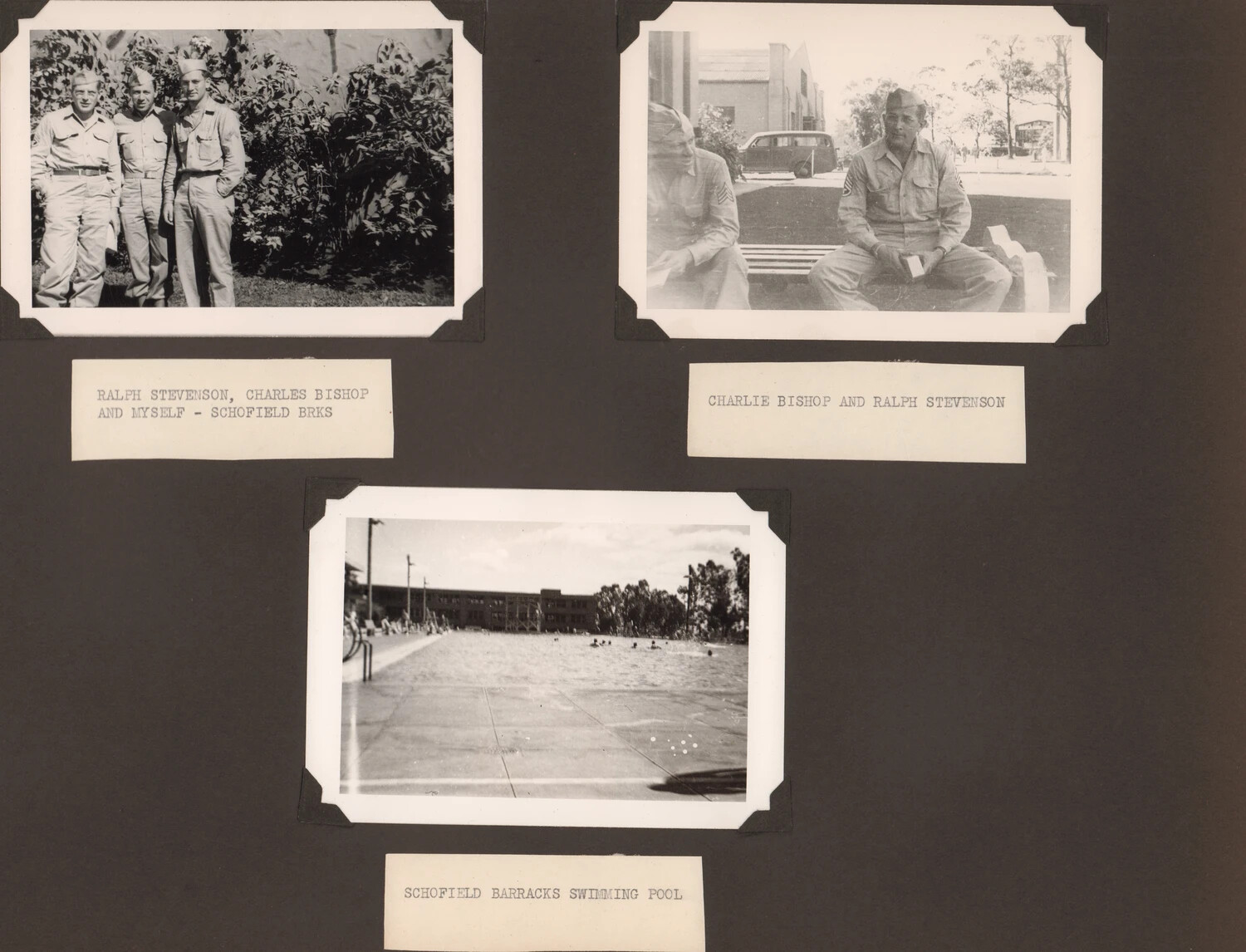 WWII Photo Album Page — Schofield Barracks, Hawaii: Stevenson, Bishop, and Barracks Swimming Pool