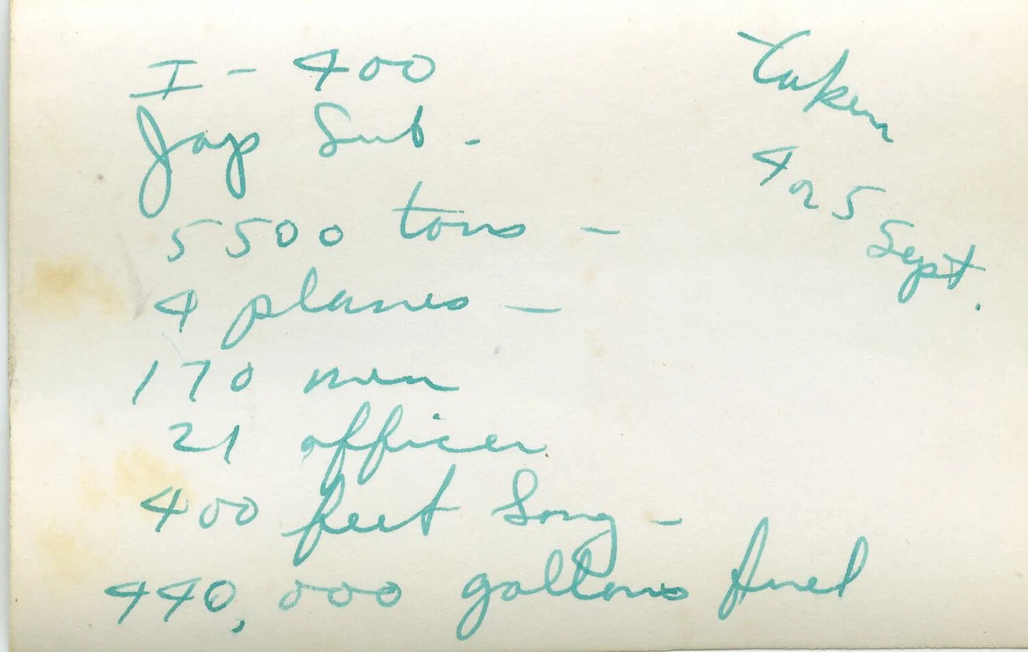 Handwritten Album Caption: "I-400, Jap Sub" Specifications Card, Leyte Collection