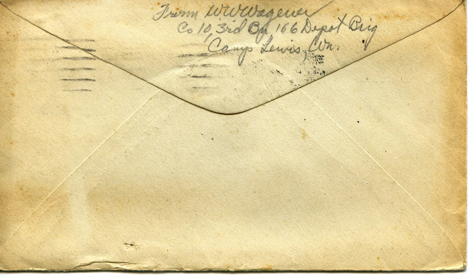 Reverse of WWI-Era Mailing Envelope, Pvt. W.W. Wagener, 166th Depot Brigade, Camp Lewis, Washington