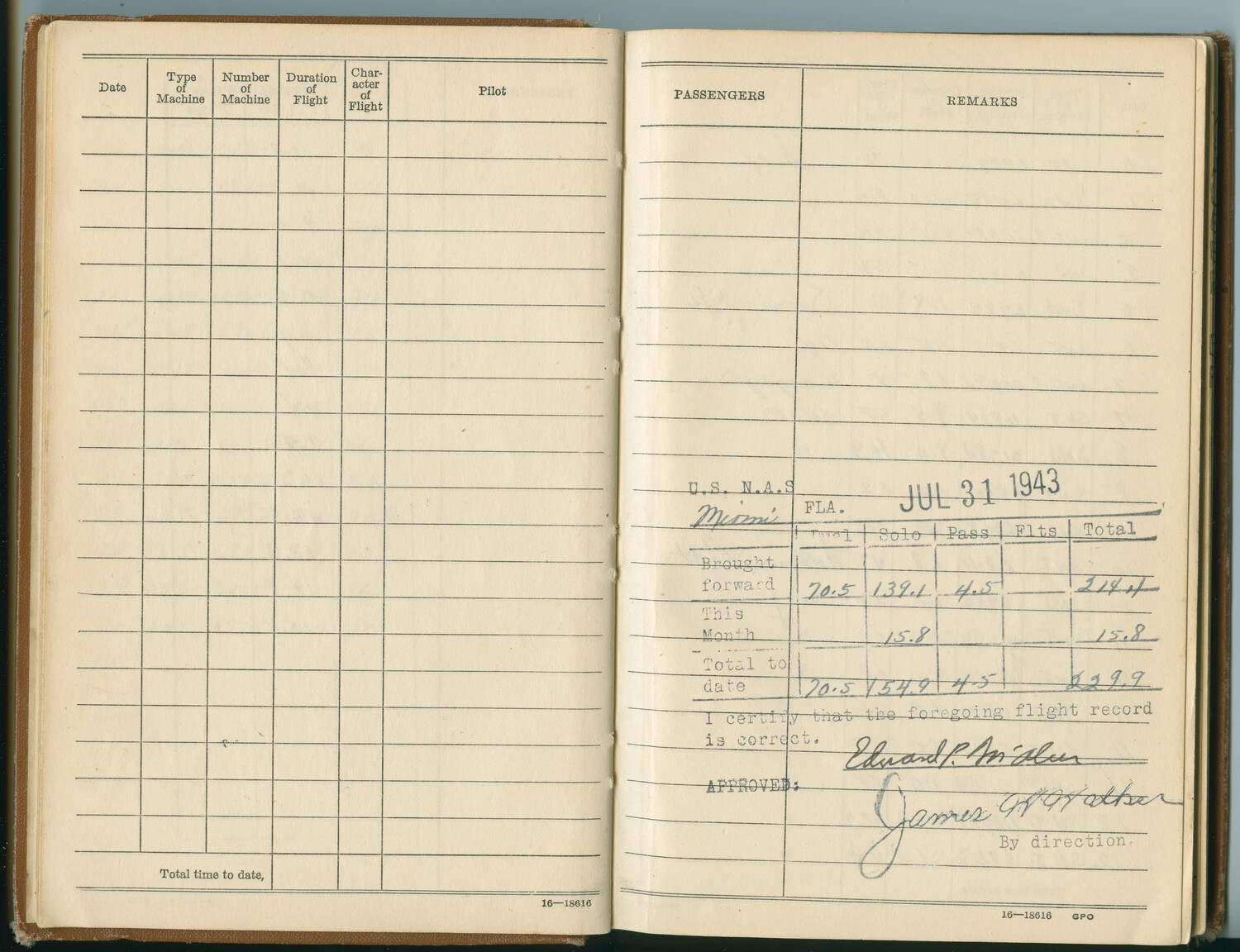 Flight Log Book Summary Page, Lt. Edward P. McAleer, U.S. Naval Air Station Miami, Florida, July 31, 1943