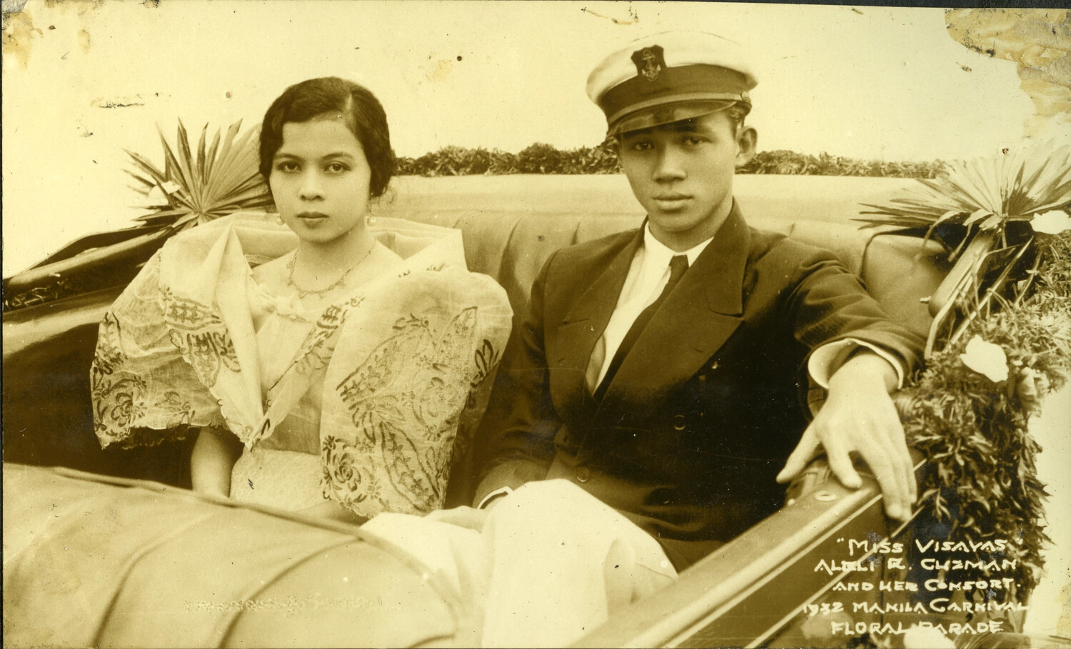 'Miss Visayas' Adeli R. Guzman and Escort, 1932 Manila Carnival Floral Parade