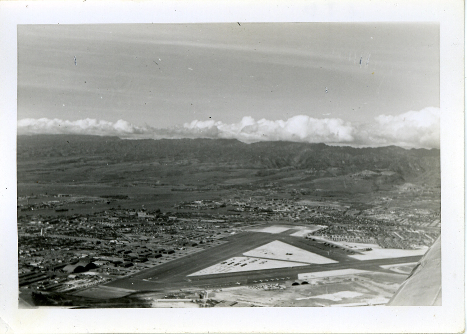 Aerial View of Oahu Military Airfield with Triangular Runway Layout, Hawaii, WWII Era