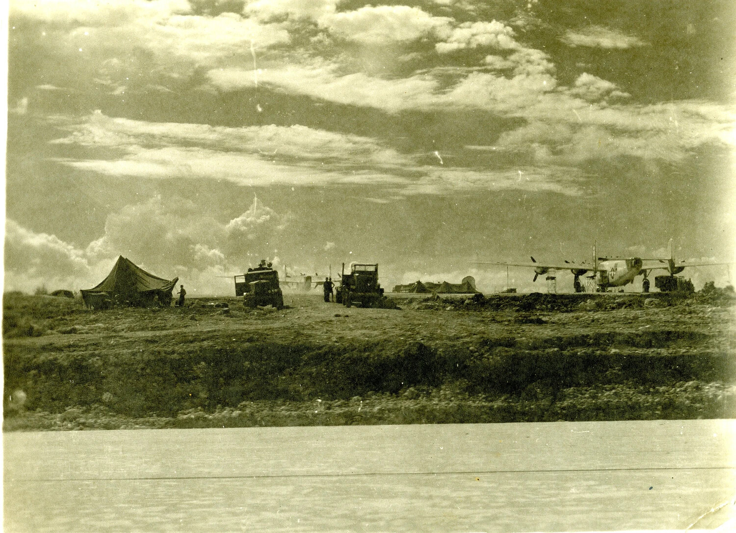 Forward Airfield with B-25 Mitchell Bomber, Ie Shima, 345th Bombardment Group, 1945