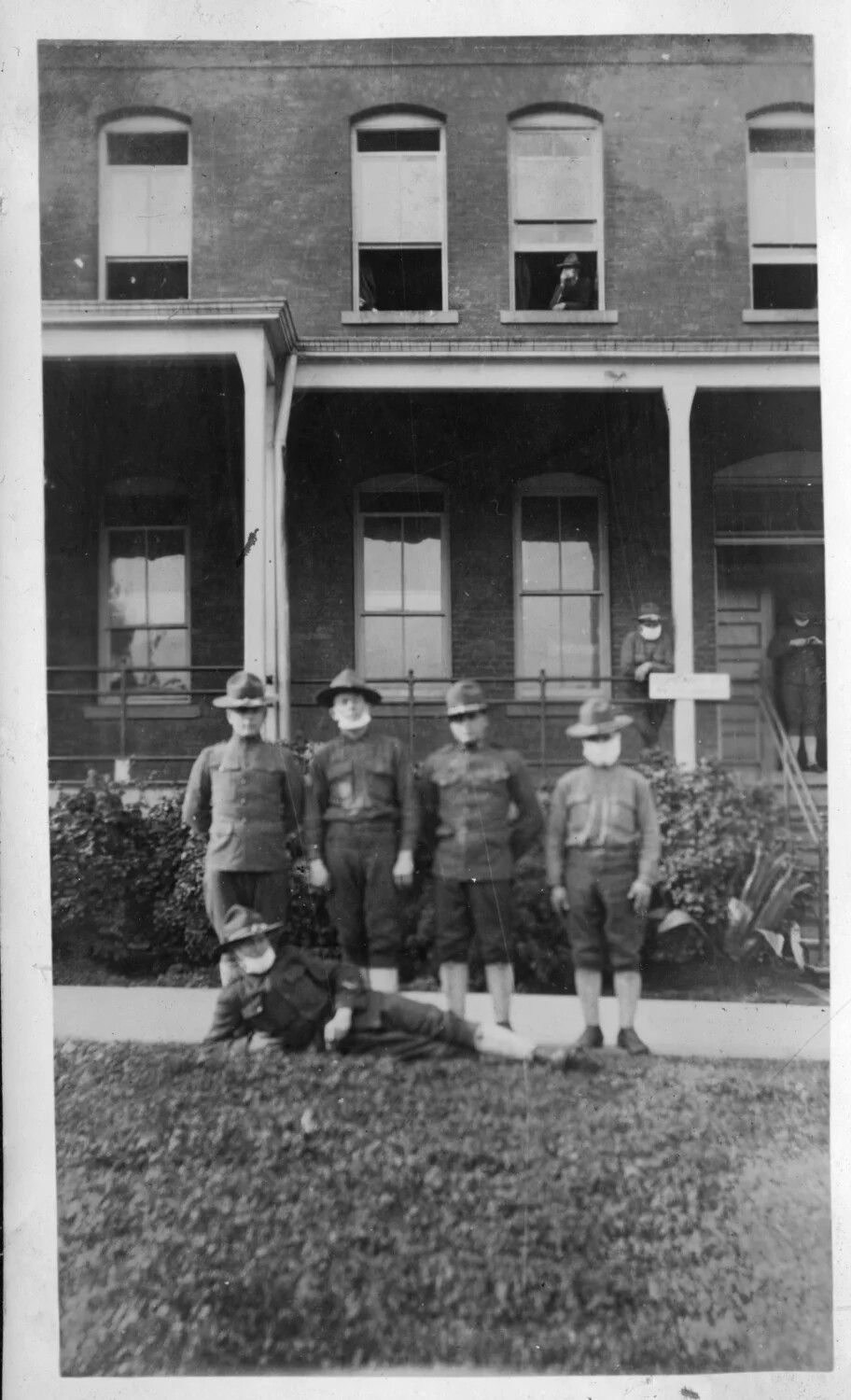 Soldiers Wearing Influenza Gauze Masks in Front of Barracks, Presidio of San Francisco, 1918 Influenza Pandemic