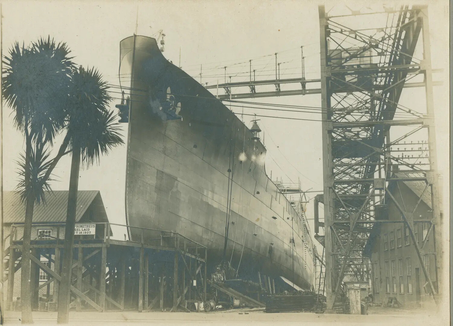 Bow View of Steel Vessel 'Prometheus' Under Construction on Shipyard Ways, Keel Laid September 18, 1907