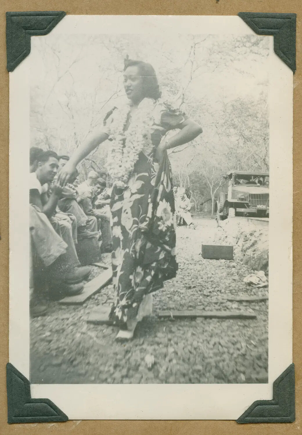 Hula Performer Entertaining Servicemen at U.S.O. Show, Schofield Barracks, Hawaii, WWII Era