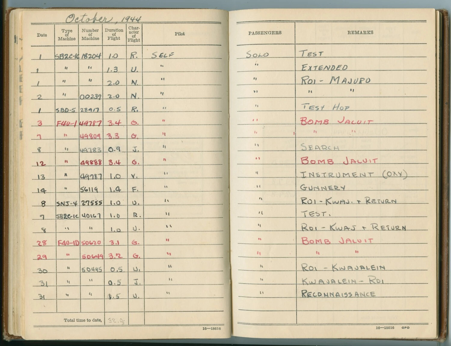 WWII Naval Aviator Flight Log Book — Pat McAleer, October 1944, Marshall Islands (Roi/Jaluit Operations)