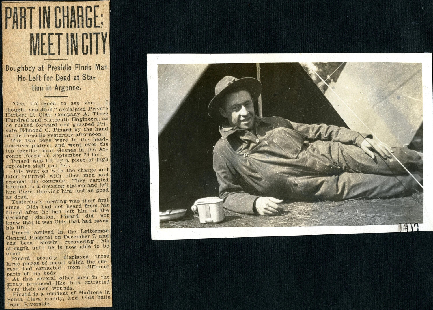 Newspaper Account of a Meuse-Argonne Reunion Paired with Camp Photograph, 1918