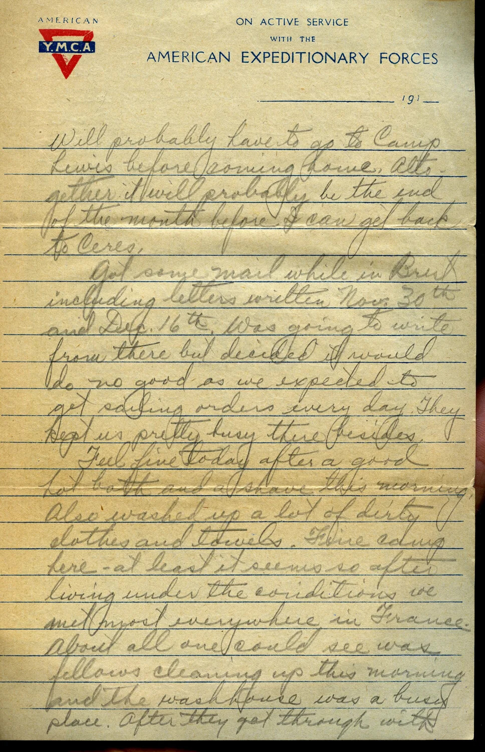 Handwritten Letter from Pvt. Willis W. Wagener on Y.M.C.A. AEF Stationery, February 1919