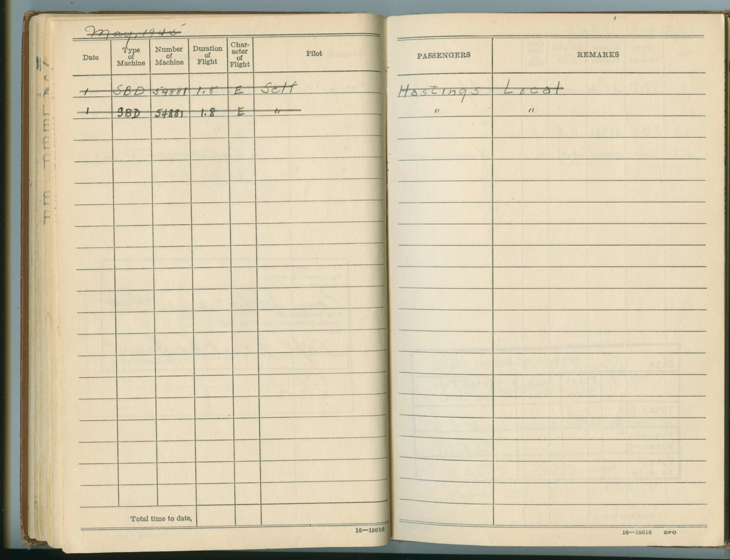 Personal Flight Log Book Page, U.S. Navy Aviator (Pat McAleer), May 1945 - SBD Dauntless Entries