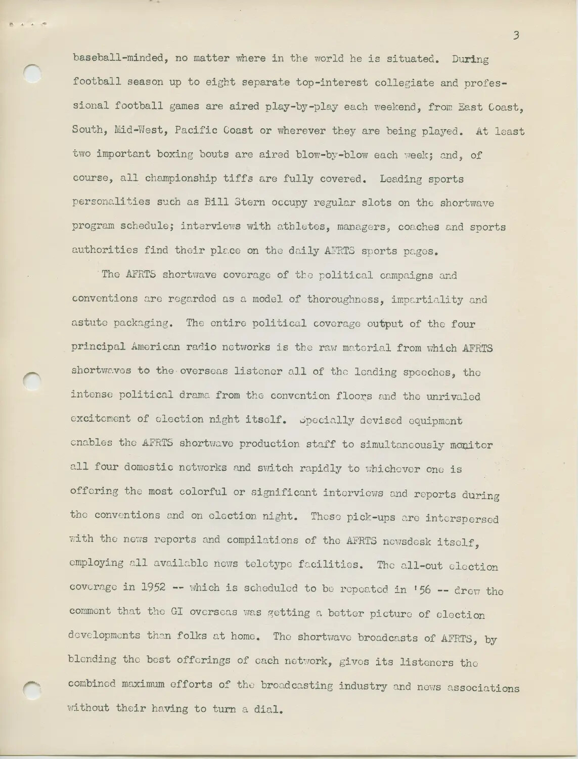 AFRTS Promotional Report, Page 3: Shortwave Sports and Political Convention Coverage, circa 1956