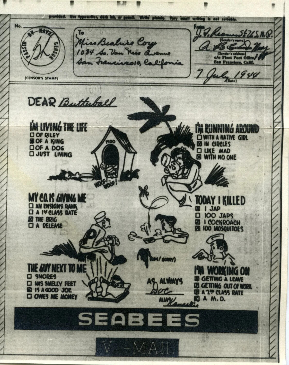 V-Mail Cartoon Stationery, "Dear Butterball" Checklist Letter, U.S. Navy Seabees, 7 July 1944