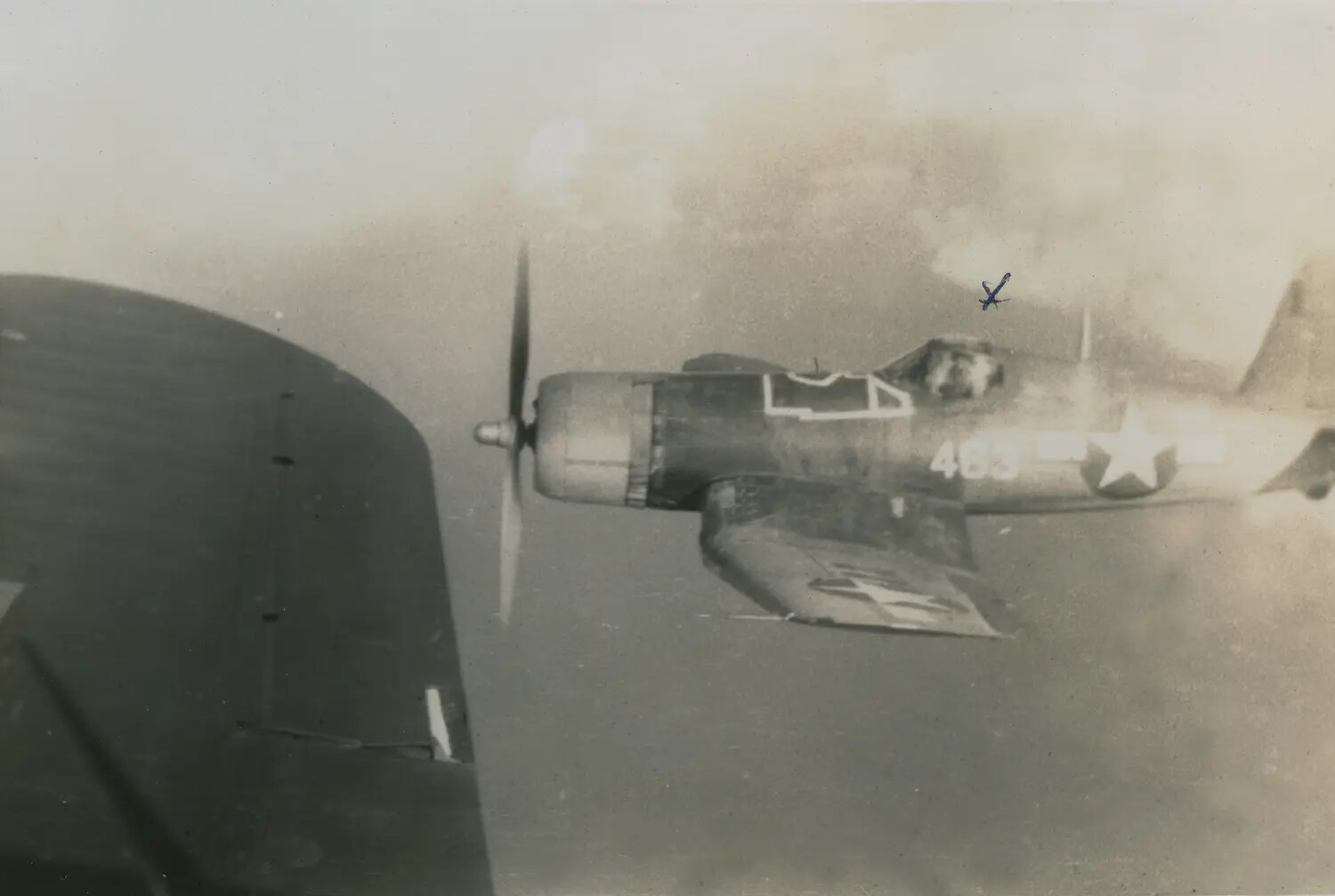 Air-to-Air Photograph of F4U Corsair Fighter, Side Number 483 — WWII Marine/Naval Aviation