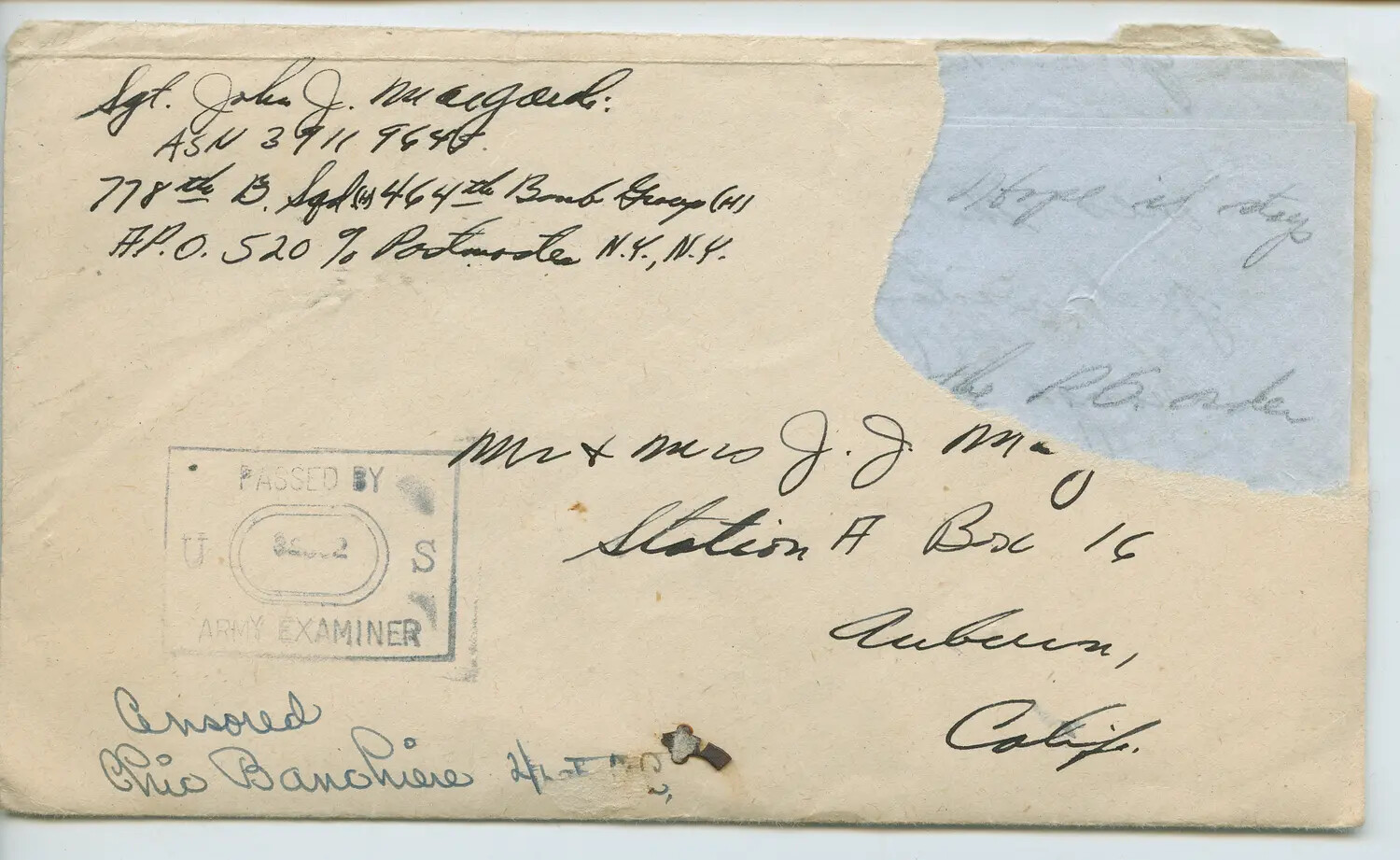 Censored WWII V-Mail/Airmail Envelope, 778th Bomb Squadron, 464th Bombardment Group (H)