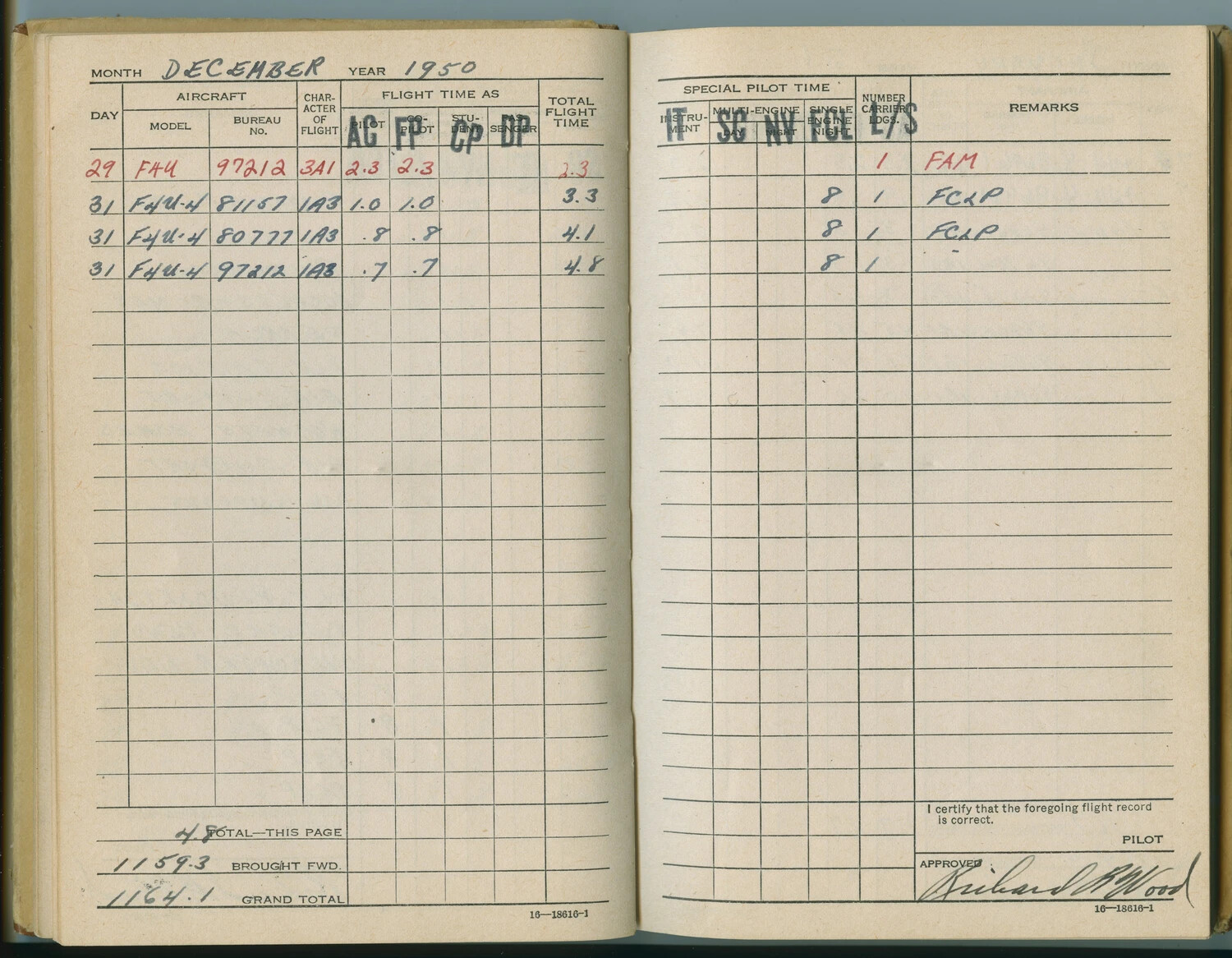 Pilot Flight Log Book Pages, December 1950 - F4U Corsair Flights, Pat McAleer Collection