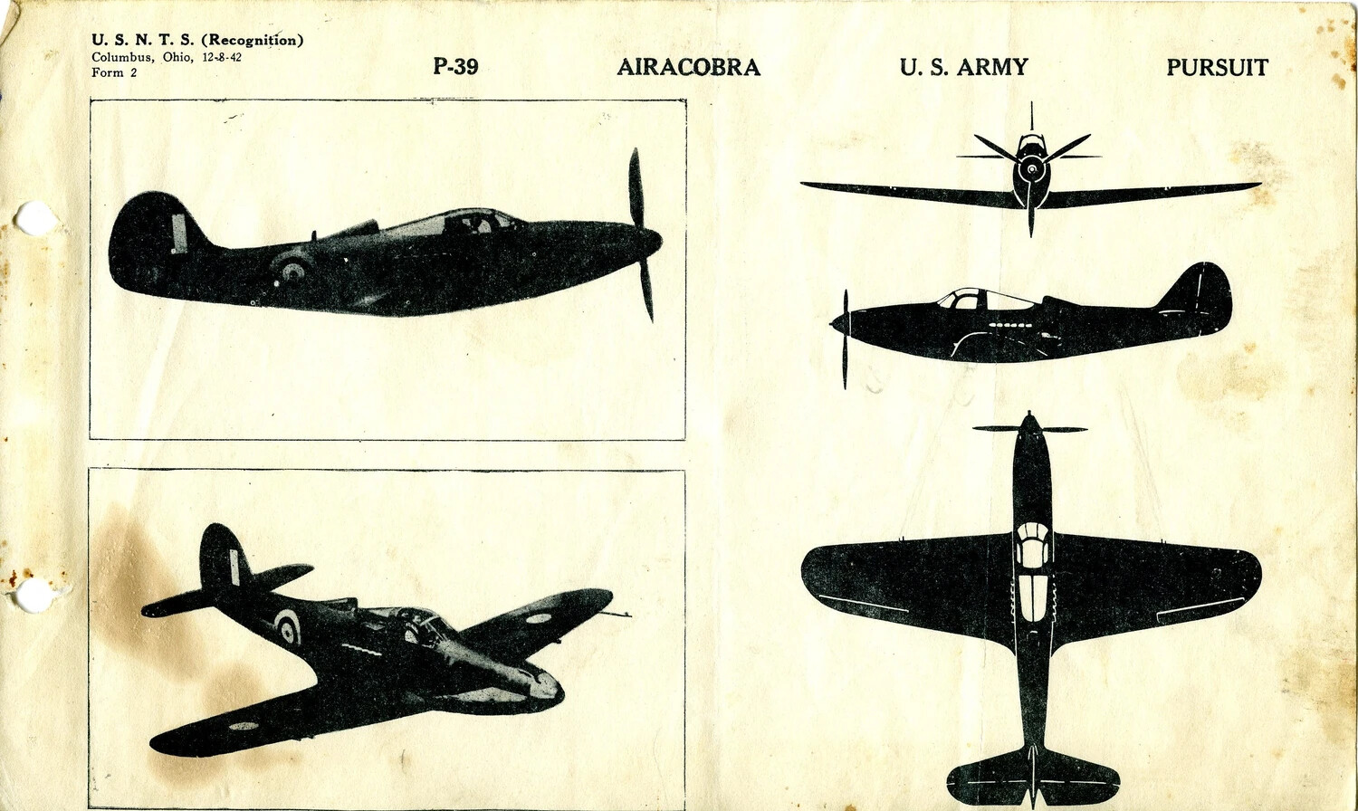 U.S.N.T.S. Aircraft Recognition Card: P-39 Airacobra Pursuit Fighter (Form 2, Columbus, Ohio, 12-8-42)