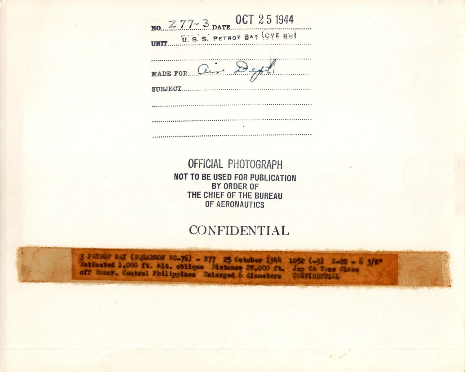 Caption Card, Official U.S. Navy Photograph No. Z77-3, USS Petrof Bay (CVE-80), 25 October 1944 - Japanese Heavy Cruiser off Samar