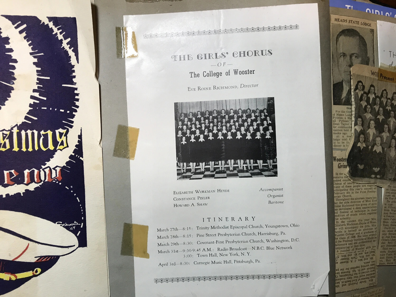 Scrapbook Page: College of Wooster Girls' Chorus Program with Newspaper Clippings, circa Late 1930s-1940s