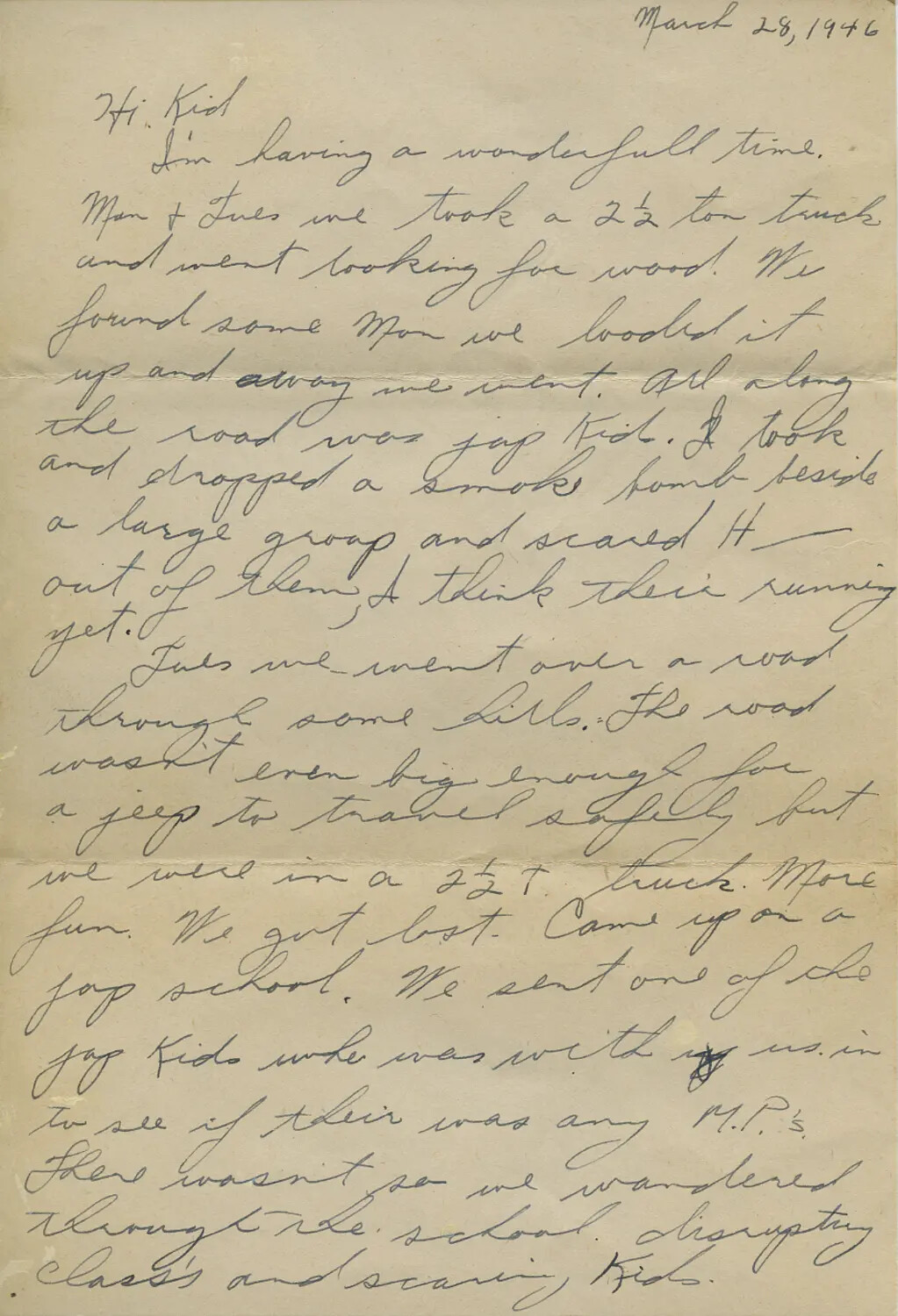 Handwritten Letter Dated March 28, 1946, American Occupation Serviceman in Japan