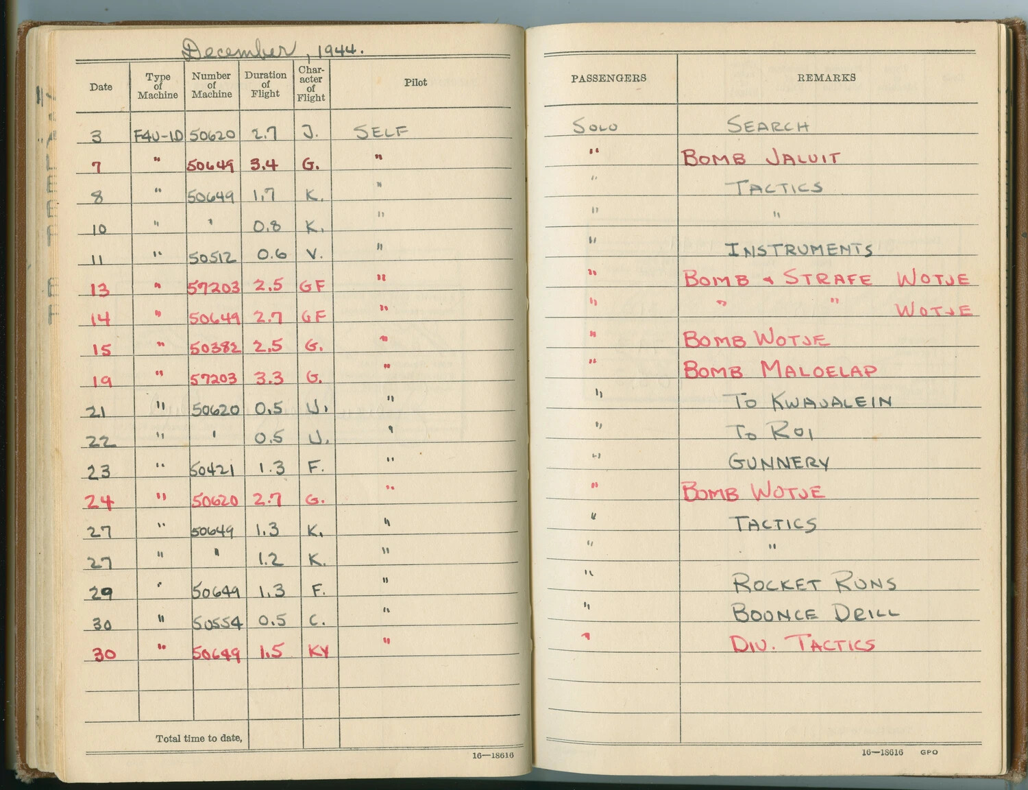 McAleer Flight Log Book, December 1944 - F4U-1D Corsair Combat Missions over Marshall Islands