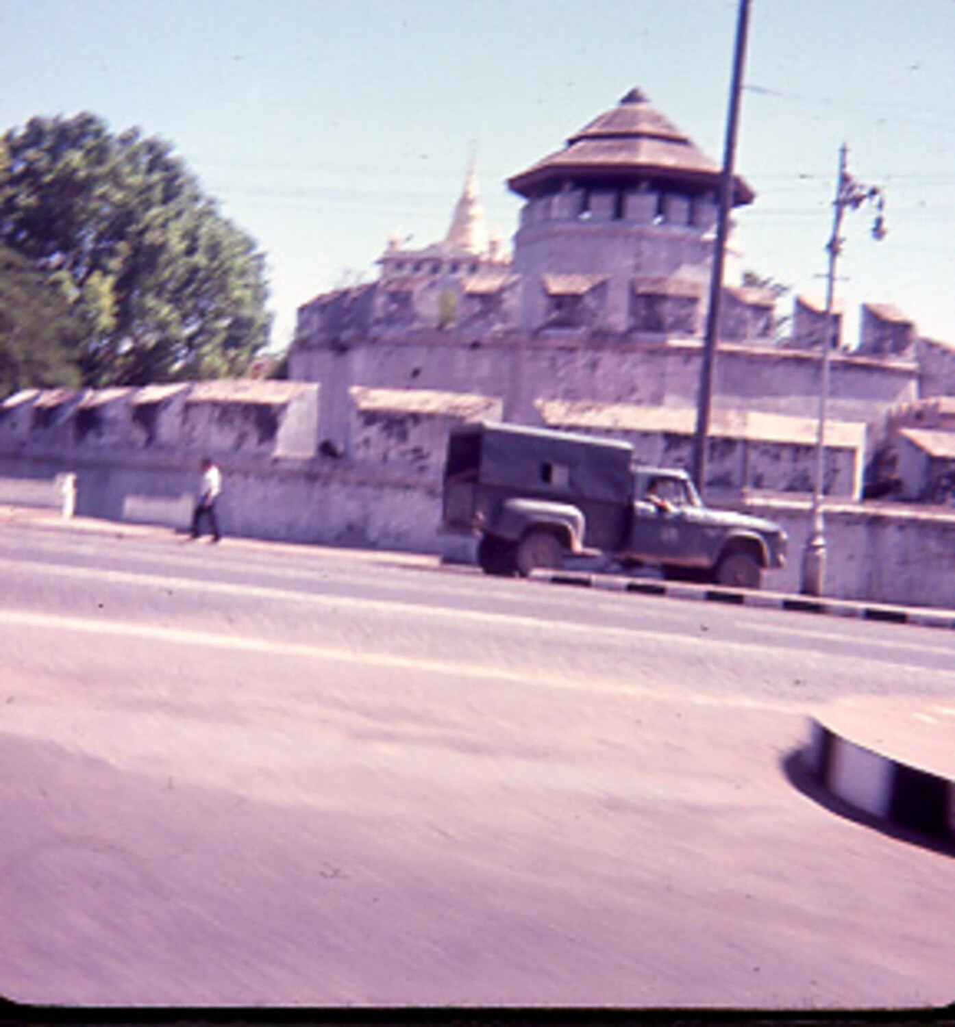 Fortified Temple Wall with Military Vehicle, Bangkok, Thailand, Vietnam War Era