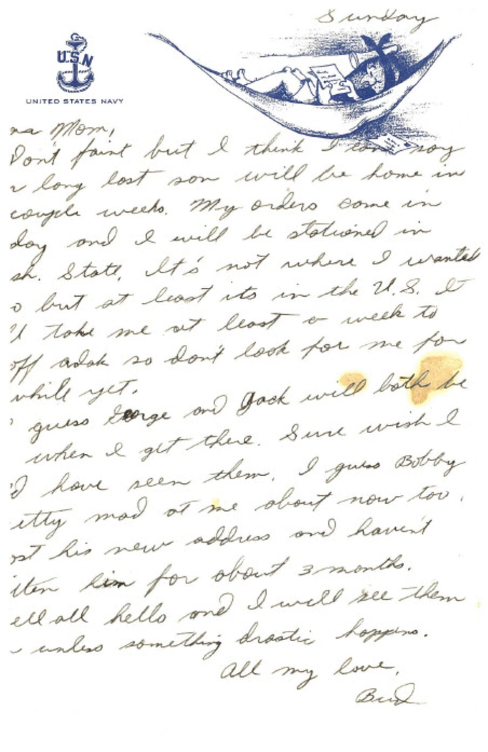 Handwritten Letter Home on US Navy Stationery, 'Bud' to 'Mom,' Korean War Era