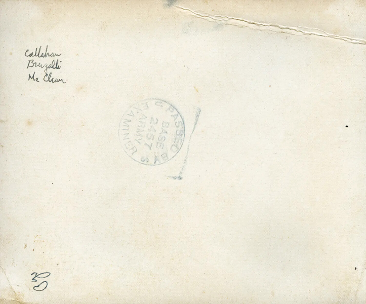 Verso of WWII Photograph with Handwritten Names and U.S. Army Censor Stamp, 312th Bomb Group Collection