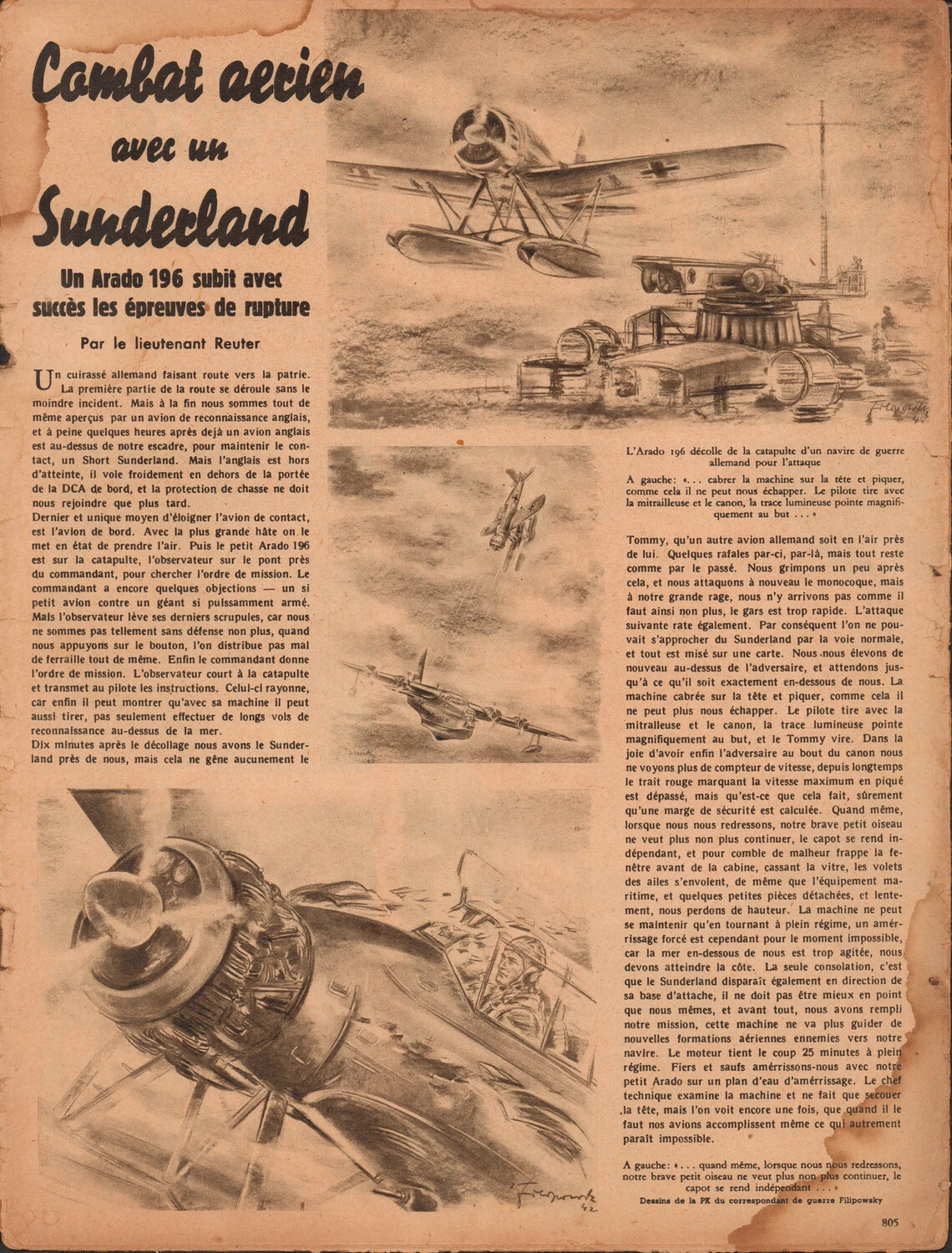 Der Adler Magazine Interior Spread, Page 805 - "Combat aerien avec un Sunderland": Illustrated Account of an Arado Ar 196 Floatplane Engaging a British Short Sunderland Flying Boat, WWII