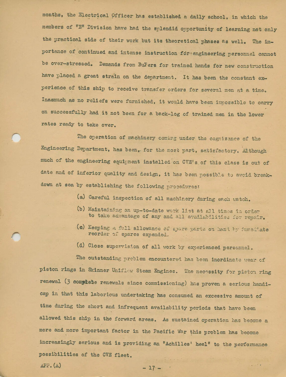 USS Petrof Bay (CVE-80) Ship's History, Appendix (A), Page 17 - Engineering Department Training and Machinery Maintenance